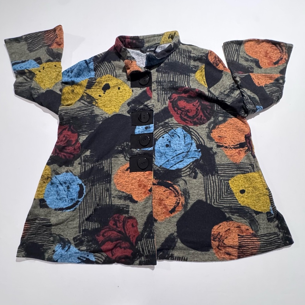 Ali Miles Sweater Womens Size 1X Artsy Colorful Button Up Abstract Bell Sleeves